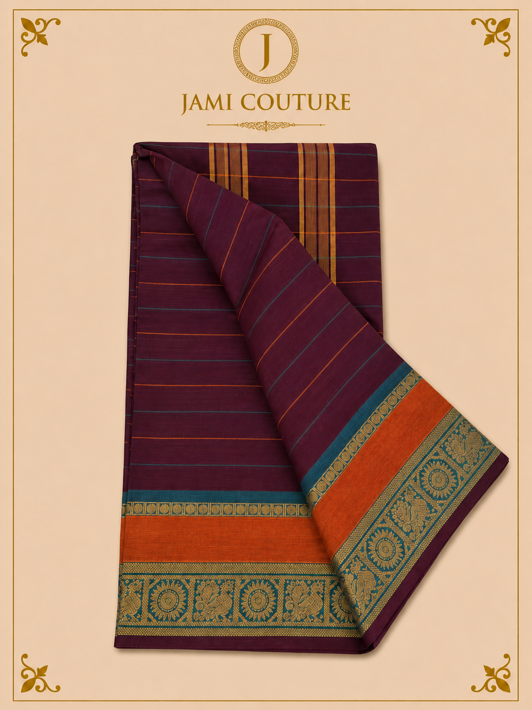 Aubergine Purple Silk Cotton Saree with Teal Sunburst Peacock Border | Ready-Stitched Blouse