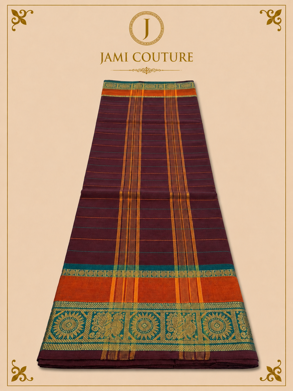 Aubergine Purple Silk Cotton Saree with Teal Sunburst Peacock Border | Ready-Stitched Blouse