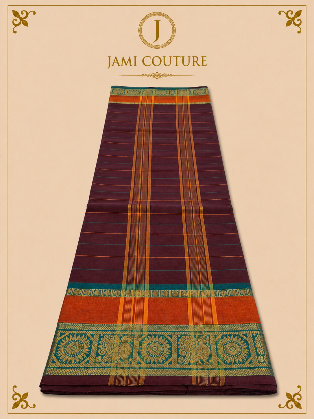 Aubergine Purple Silk Cotton Saree with Teal Sunburst Peacock Border | Ready-Stitched Blouse