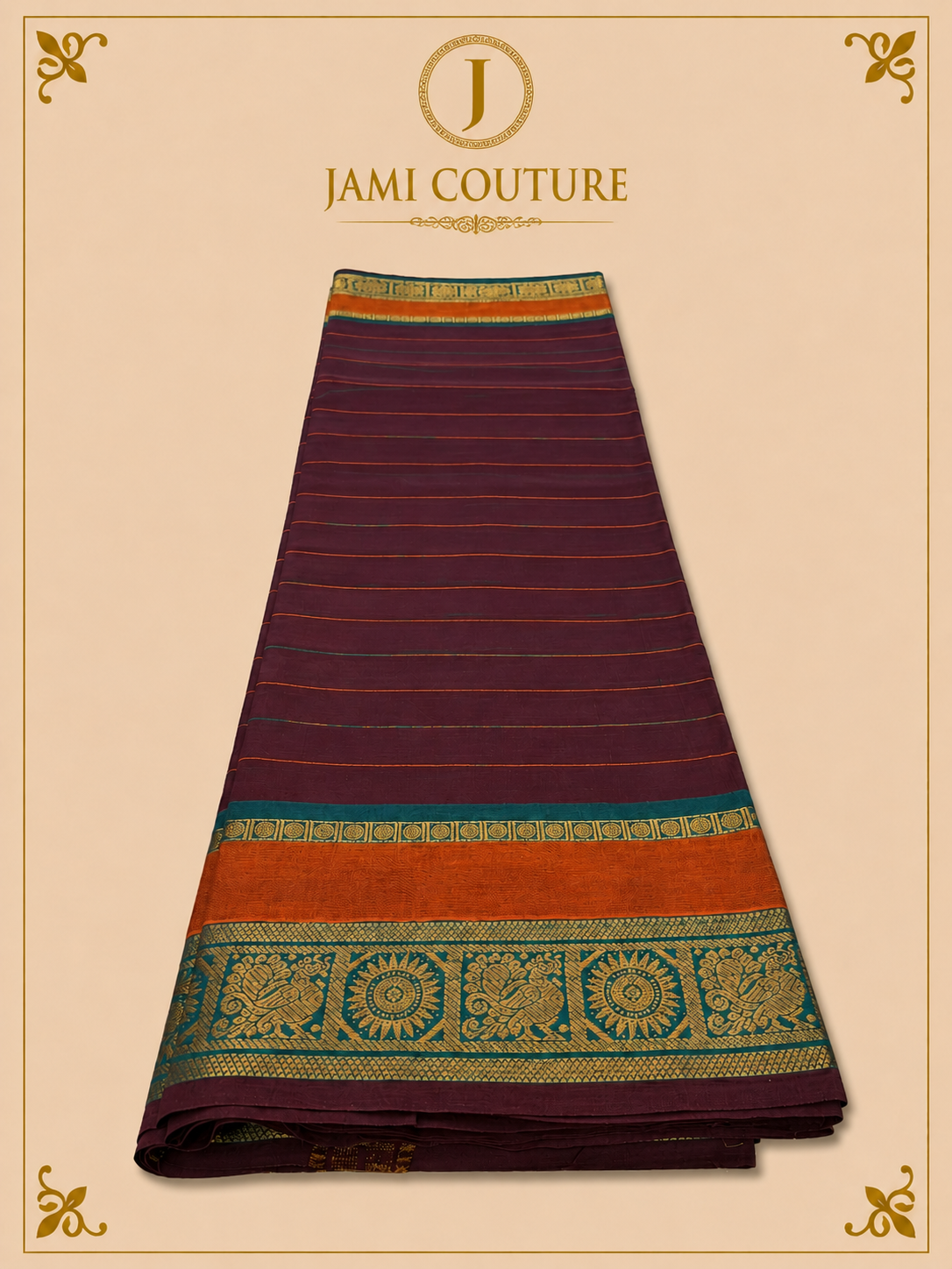 Aubergine Purple Silk Cotton Saree with Teal Sunburst Peacock Border | Ready-Stitched Blouse