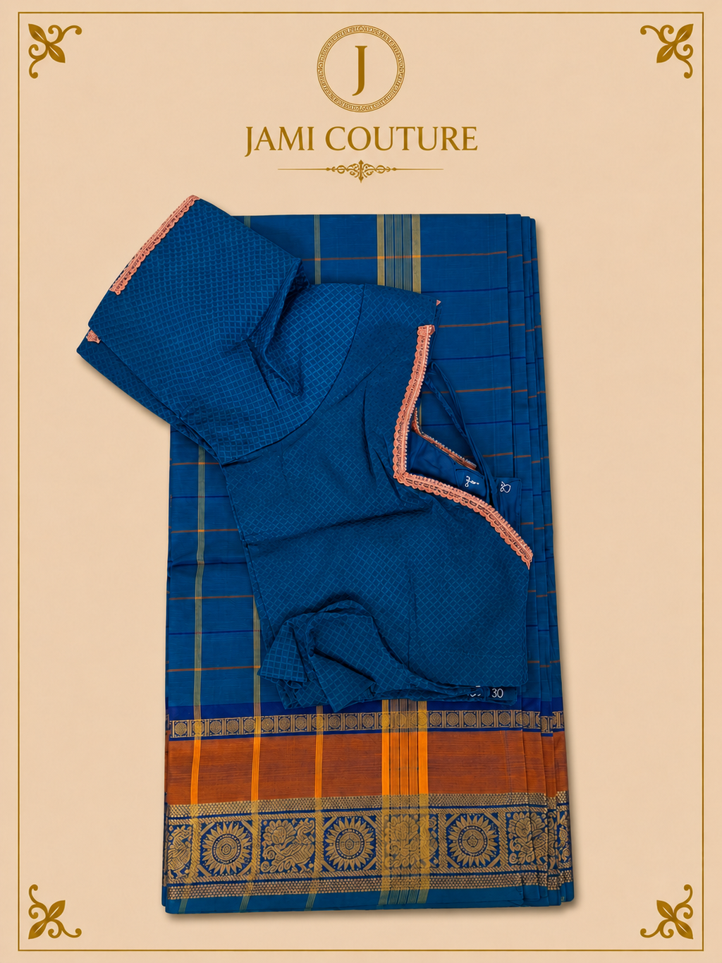 Teal Blue Silk Cotton Saree with Navy Sunburst Peacock Border | Ready-Stitched Blouse