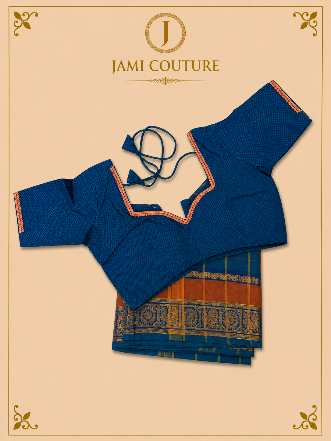 Teal Blue Silk Cotton Saree with Navy Sunburst Peacock Border | Ready-Stitched Blouse