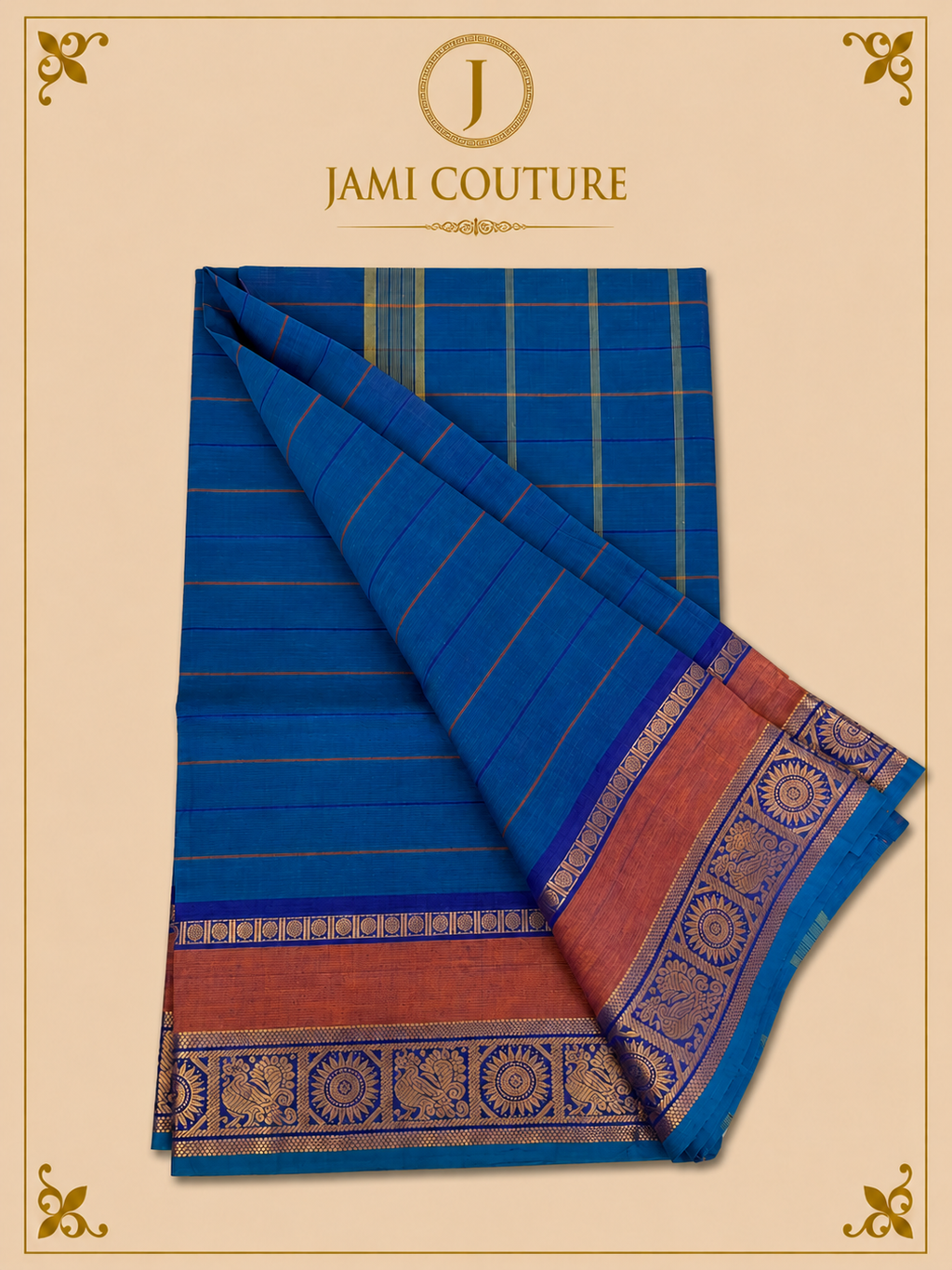 Teal Blue Silk Cotton Saree with Navy Sunburst Peacock Border | Ready-Stitched Blouse