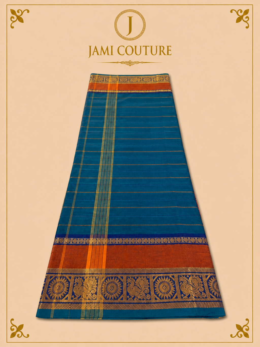 Teal Blue Silk Cotton Saree with Navy Sunburst Peacock Border | Ready-Stitched Blouse
