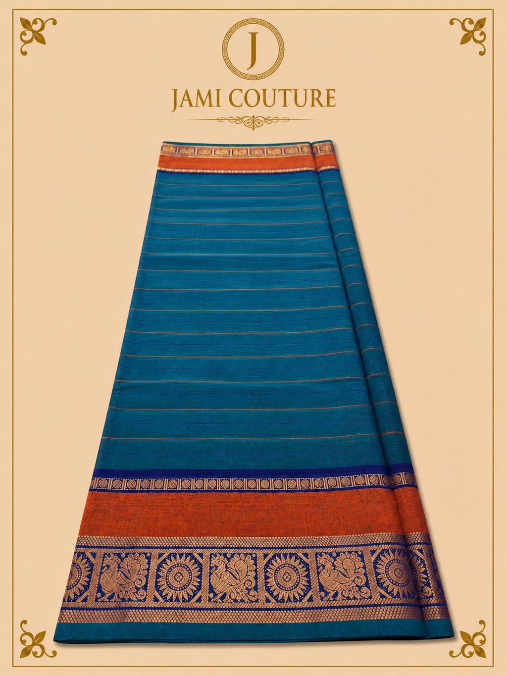 Teal Blue Silk Cotton Saree with Navy Sunburst Peacock Border | Ready-Stitched Blouse