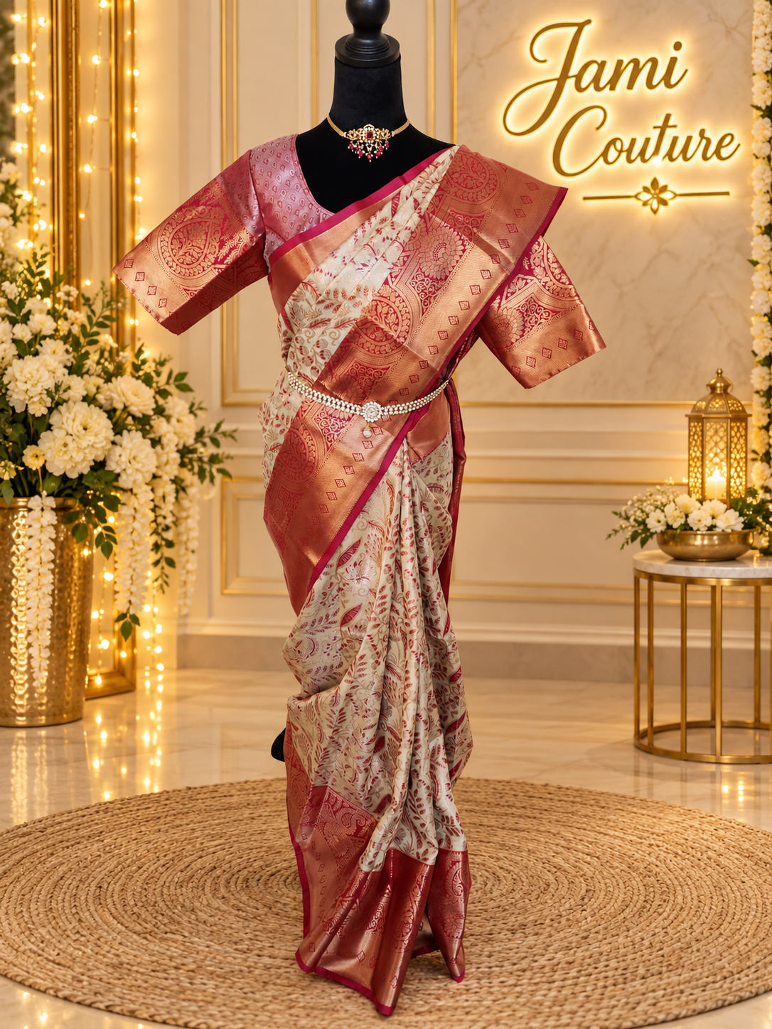 ✨ Premium Kanchipuram Silk Saree – Handpicked Collection ✨ - Ivory/cream body with elegant maroon-red woven floral motifs