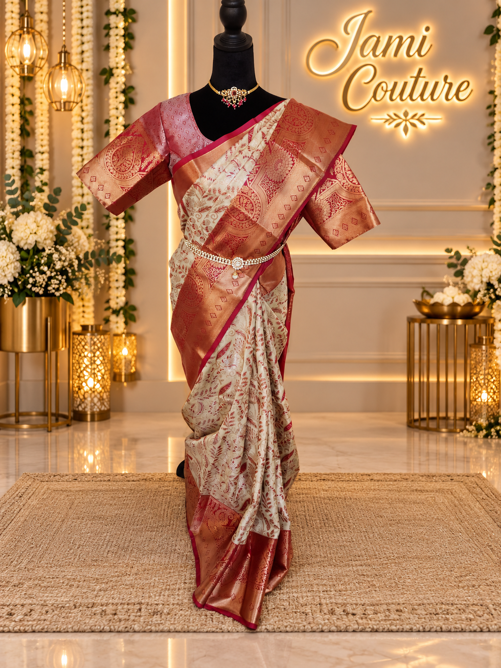 ✨ Premium Kanchipuram Silk Saree – Handpicked Collection ✨ - Ivory/cream body with elegant maroon-red woven floral motifs