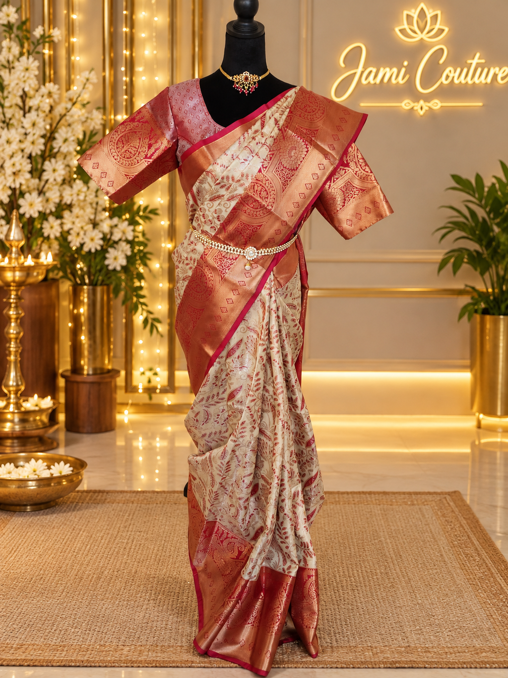 ✨ Premium Kanchipuram Silk Saree – Handpicked Collection ✨ - Ivory/cream body with elegant maroon-red woven floral motifs