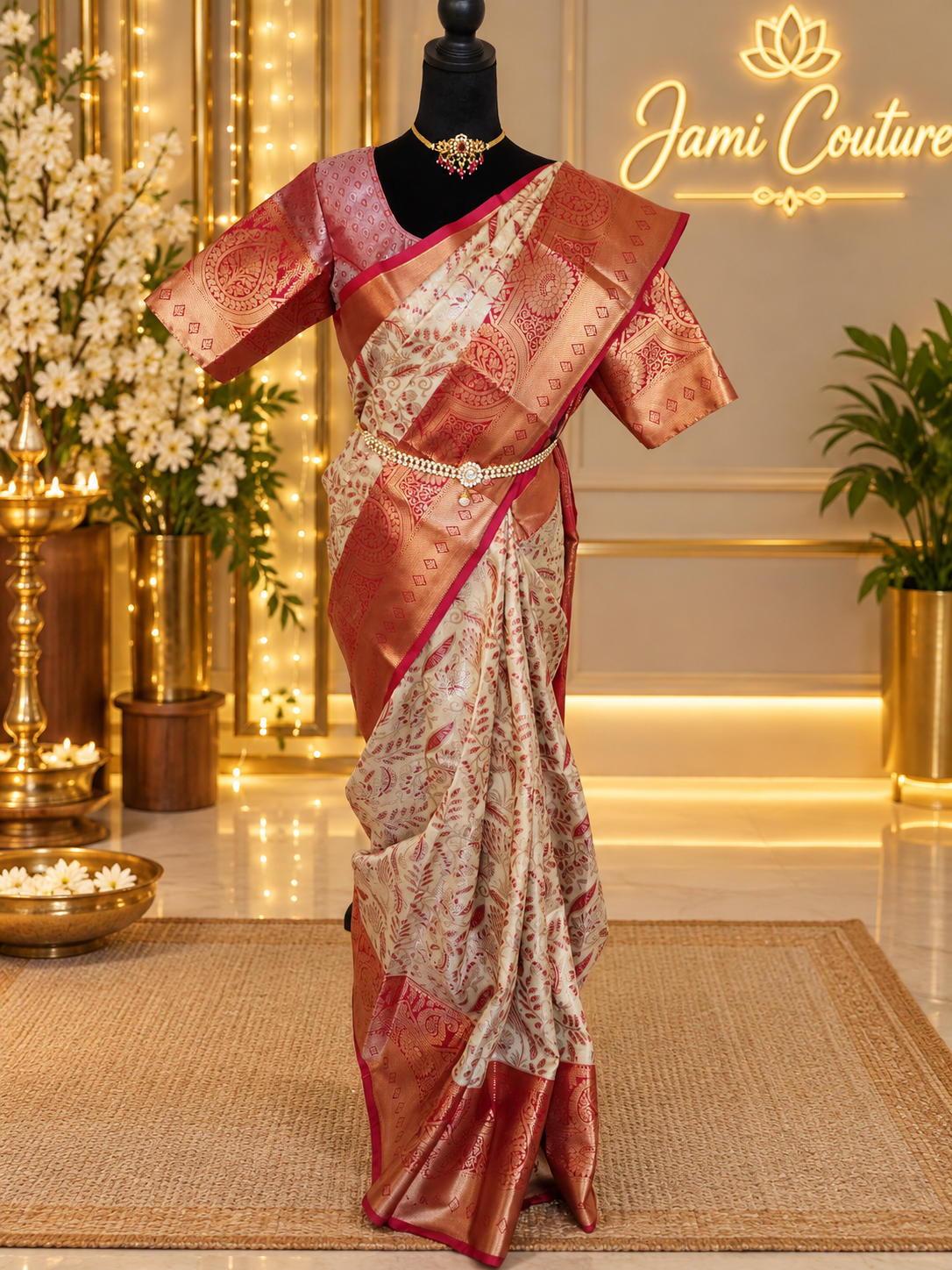 ✨ Premium Kanchipuram Silk Saree – Handpicked Collection ✨ - Ivory/cream body with elegant maroon-red woven floral motifs