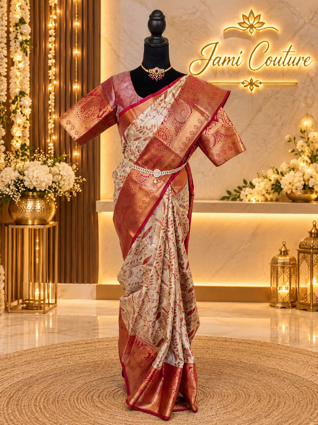 ✨ Premium Kanchipuram Silk Saree – Handpicked Collection ✨ - Ivory/cream body with elegant maroon-red woven floral motifs