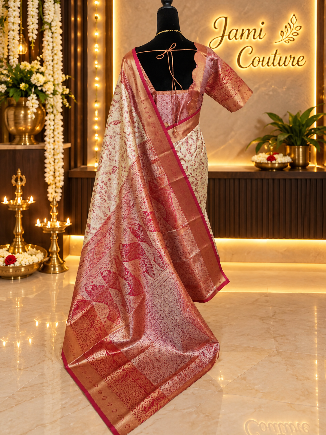 ✨ Premium Kanchipuram Silk Saree – Handpicked Collection ✨ - Ivory/cream body with elegant maroon-red woven floral motifs