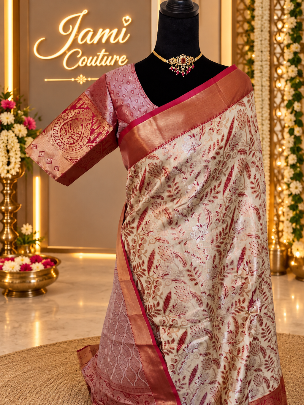 ✨ Premium Kanchipuram Silk Saree – Handpicked Collection ✨ - Ivory/cream body with elegant maroon-red woven floral motifs