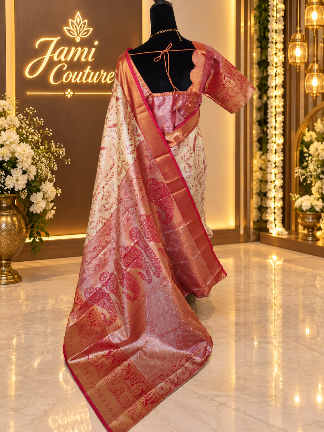 ✨ Premium Kanchipuram Silk Saree – Handpicked Collection ✨ - Ivory/cream body with elegant maroon-red woven floral motifs