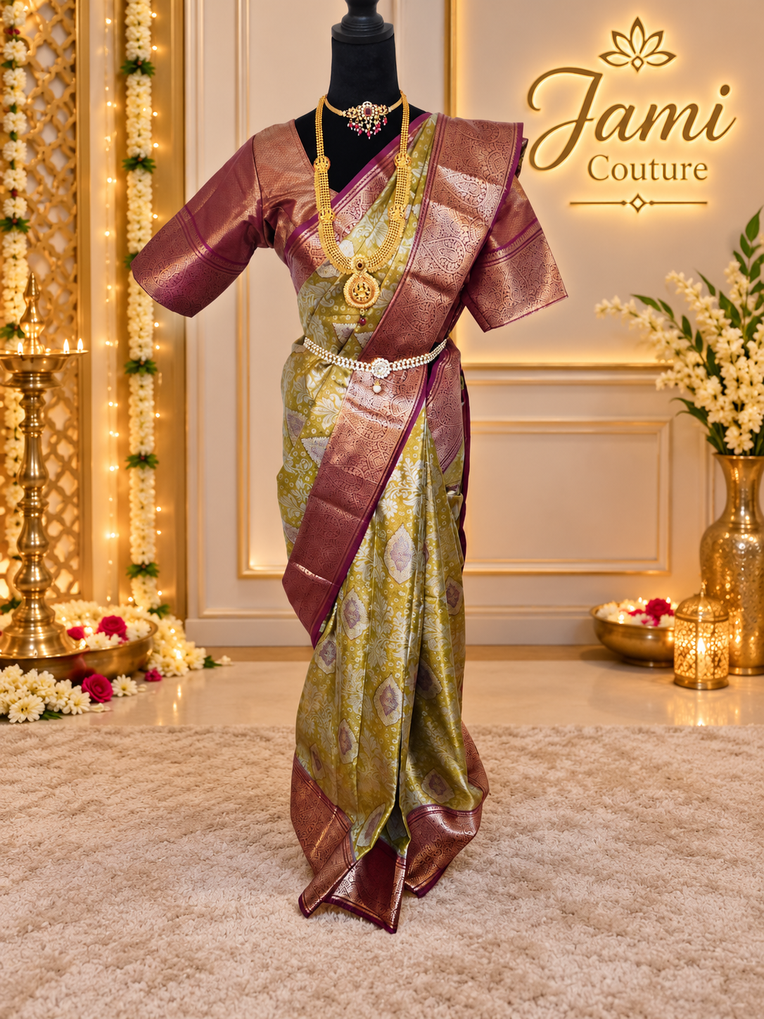 ✨ Premium Handpicked Kanchipuram Silk Saree ✨ - Olive green / Antique-gold body with deep maroon-brown border