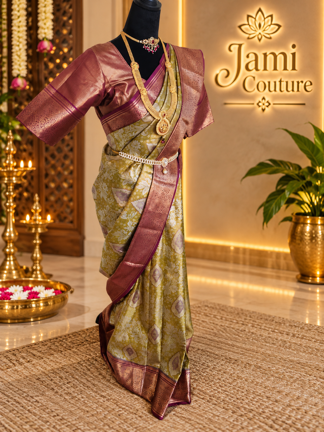 ✨ Premium Handpicked Kanchipuram Silk Saree ✨ - Olive green / Antique-gold body with deep maroon-brown border