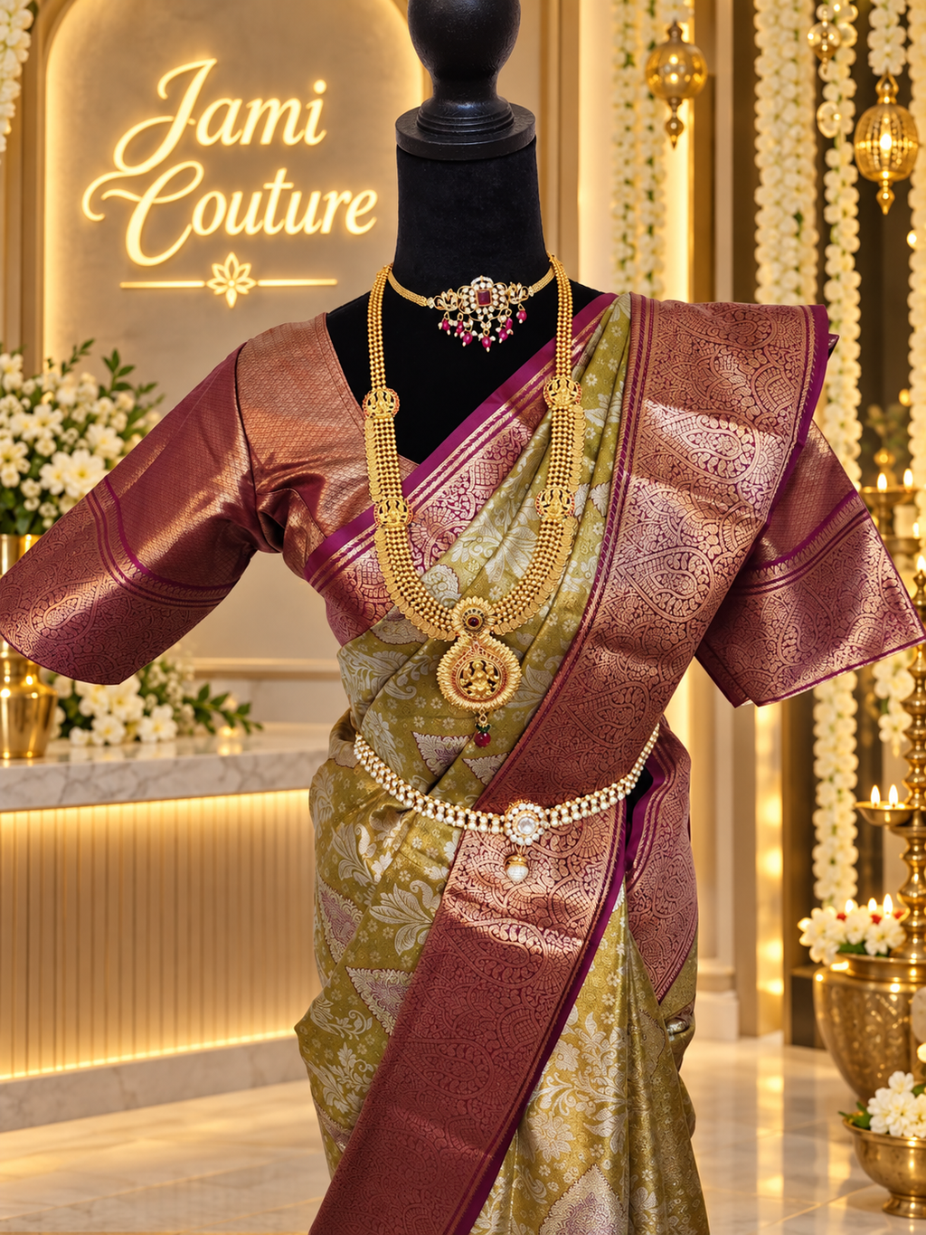 ✨ Premium Handpicked Kanchipuram Silk Saree ✨ - Olive green / Antique-gold body with deep maroon-brown border