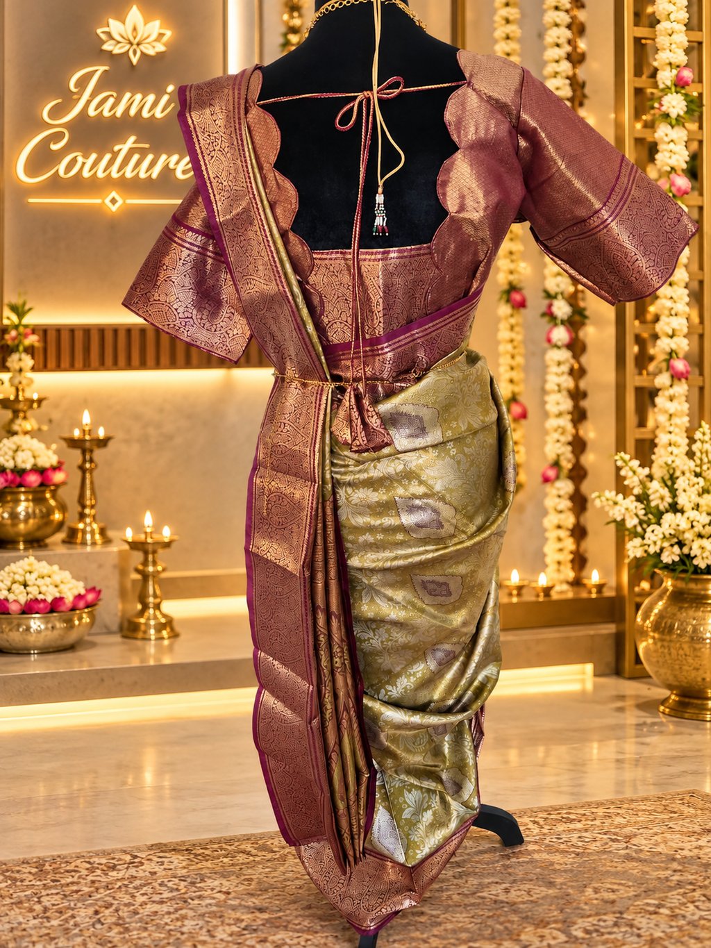 ✨ Premium Handpicked Kanchipuram Silk Saree ✨ - Olive green / Antique-gold body with deep maroon-brown border