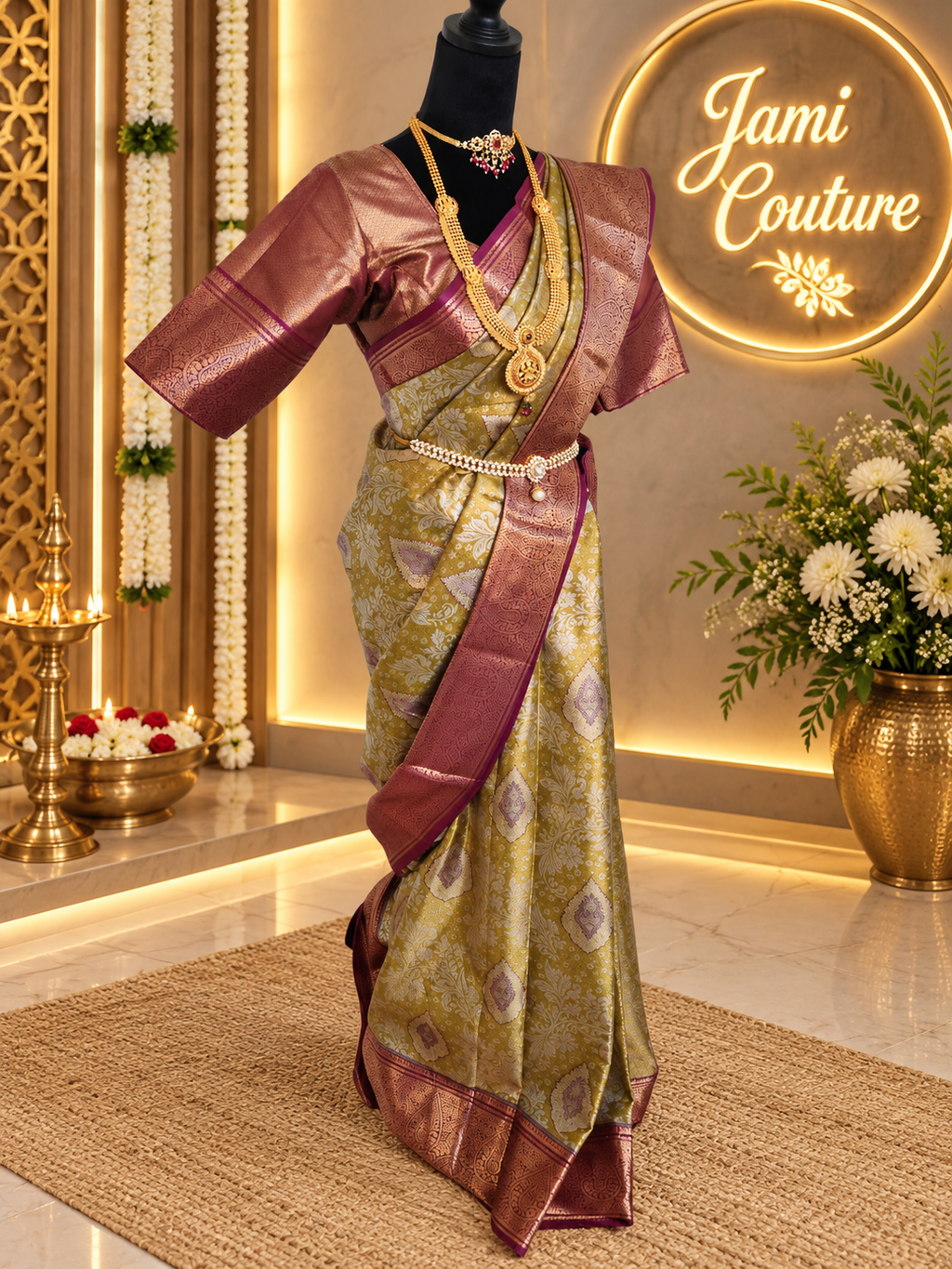 ✨ Premium Handpicked Kanchipuram Silk Saree ✨ - Olive green / Antique-gold body with deep maroon-brown border