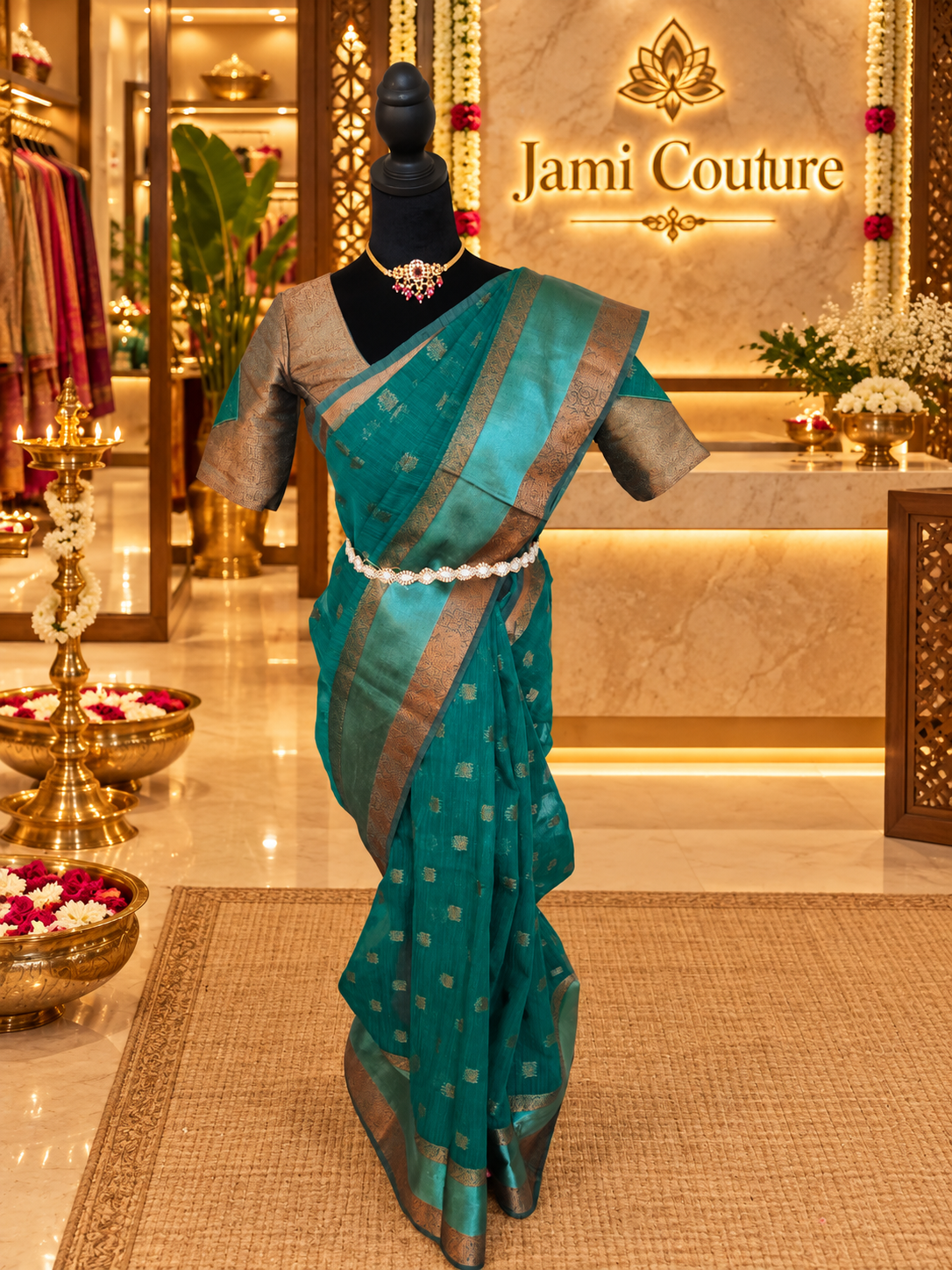 ✨ Premium Jute Banarasi Saree with Gap Border ✨ - Deep Teal/Peacock Green body with subtle antique-gold woven motifs