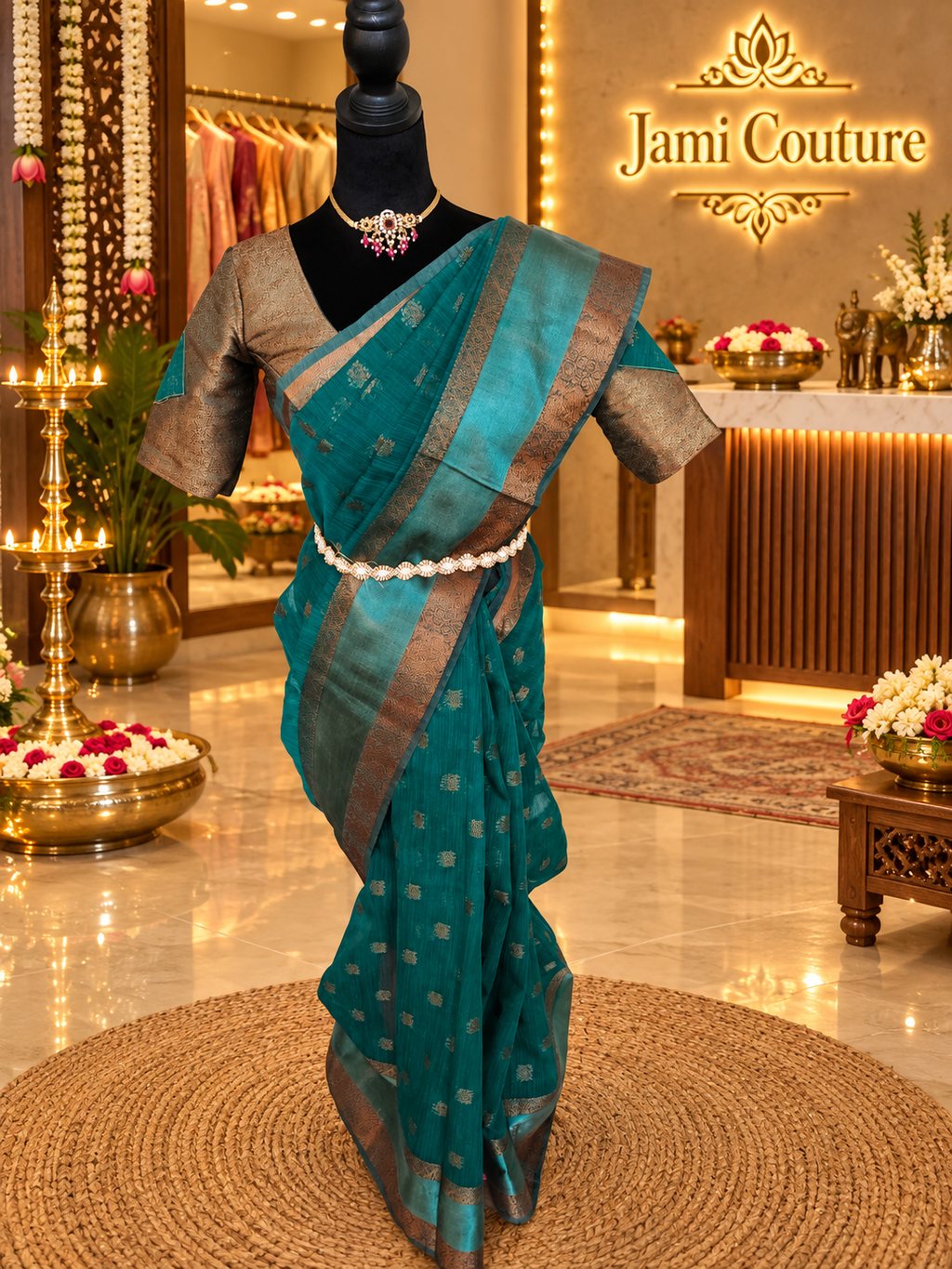 ✨ Premium Jute Banarasi Saree with Gap Border ✨ - Deep Teal/Peacock Green body with subtle antique-gold woven motifs