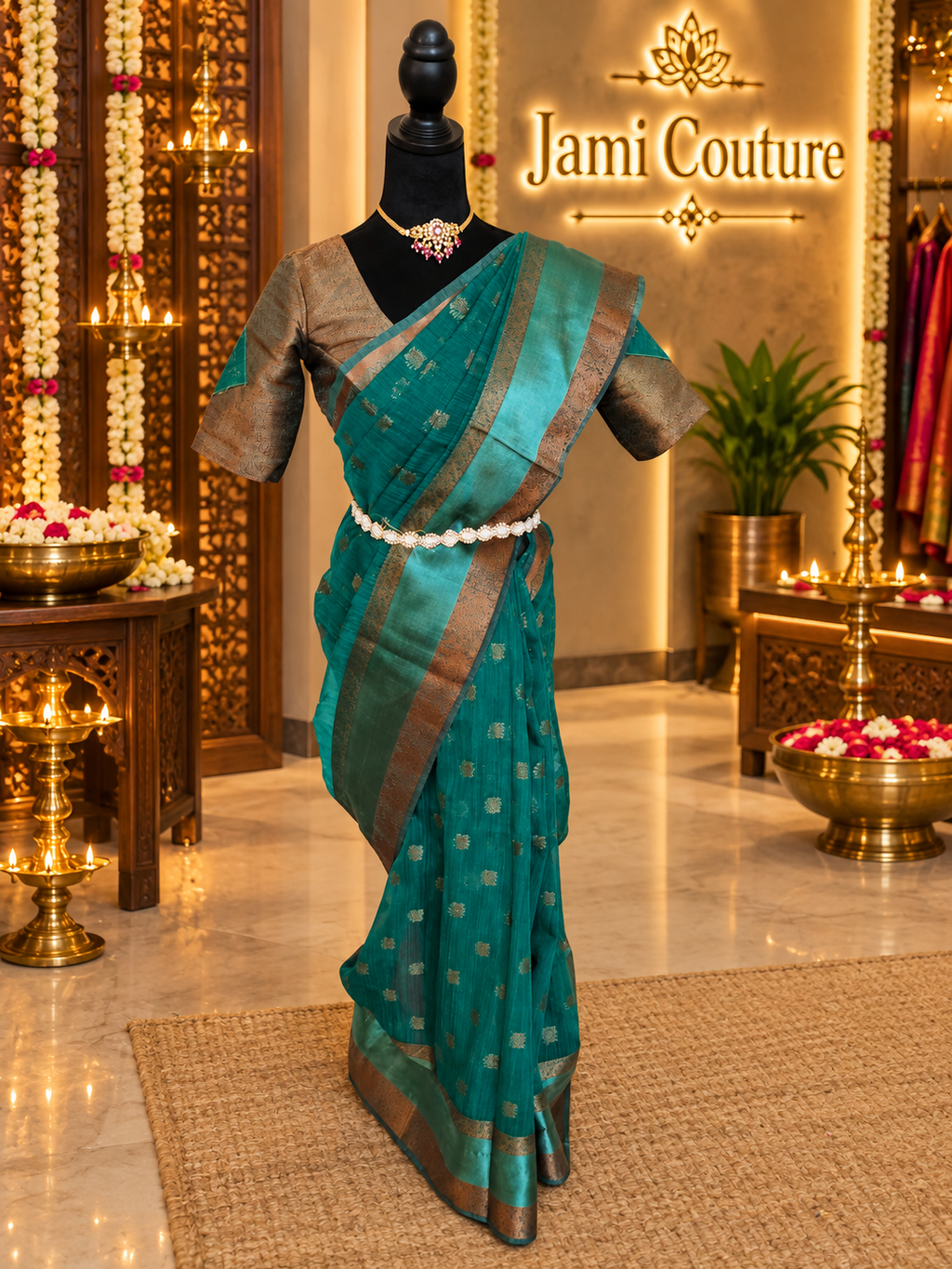 ✨ Premium Jute Banarasi Saree with Gap Border ✨ - Deep Teal/Peacock Green body with subtle antique-gold woven motifs