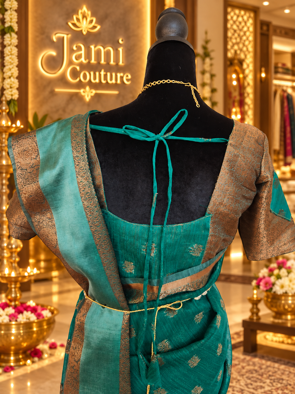 ✨ Premium Jute Banarasi Saree with Gap Border ✨ - Deep Teal/Peacock Green body with subtle antique-gold woven motifs