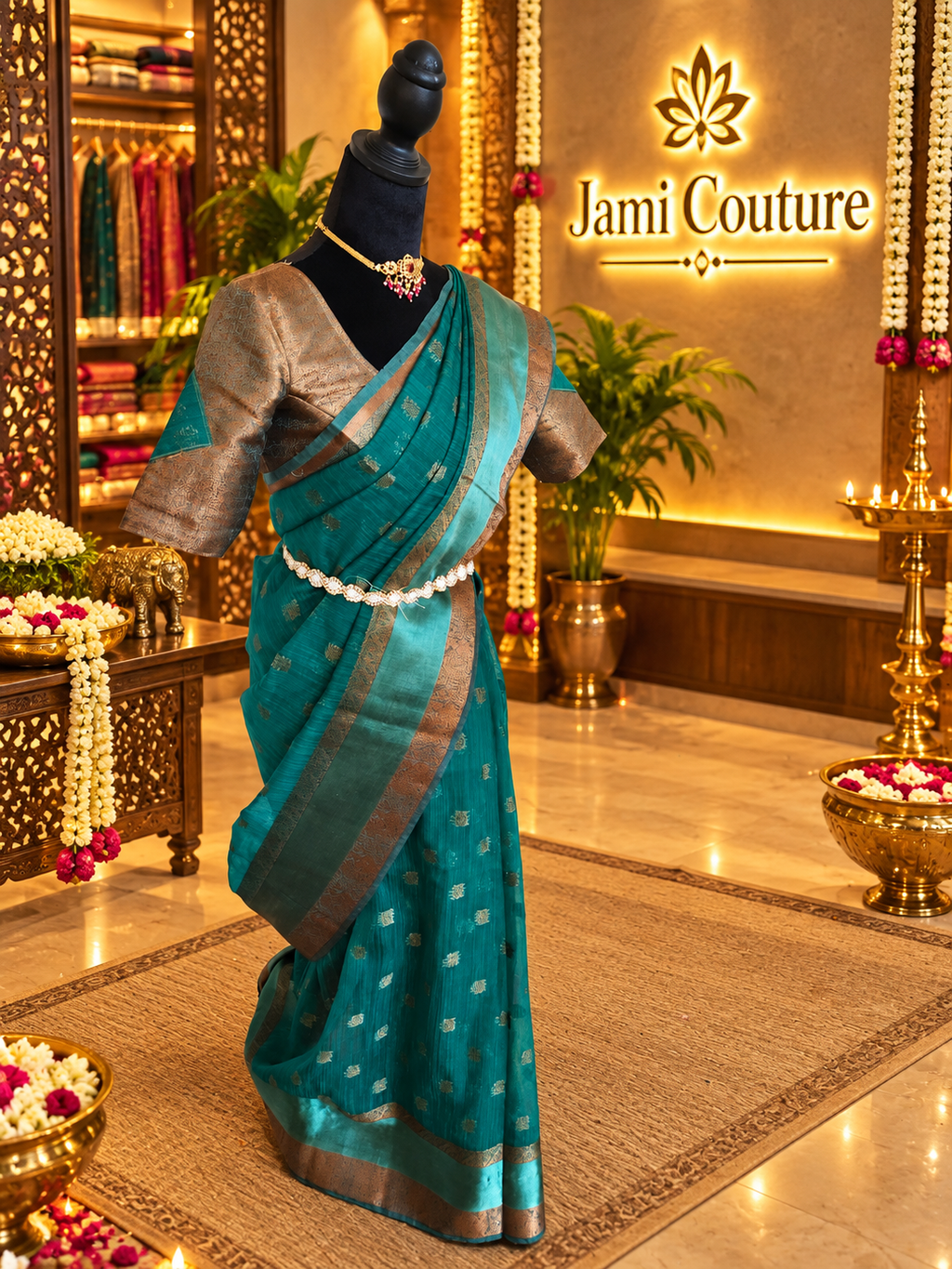 ✨ Premium Jute Banarasi Saree with Gap Border ✨ - Deep Teal/Peacock Green body with subtle antique-gold woven motifs