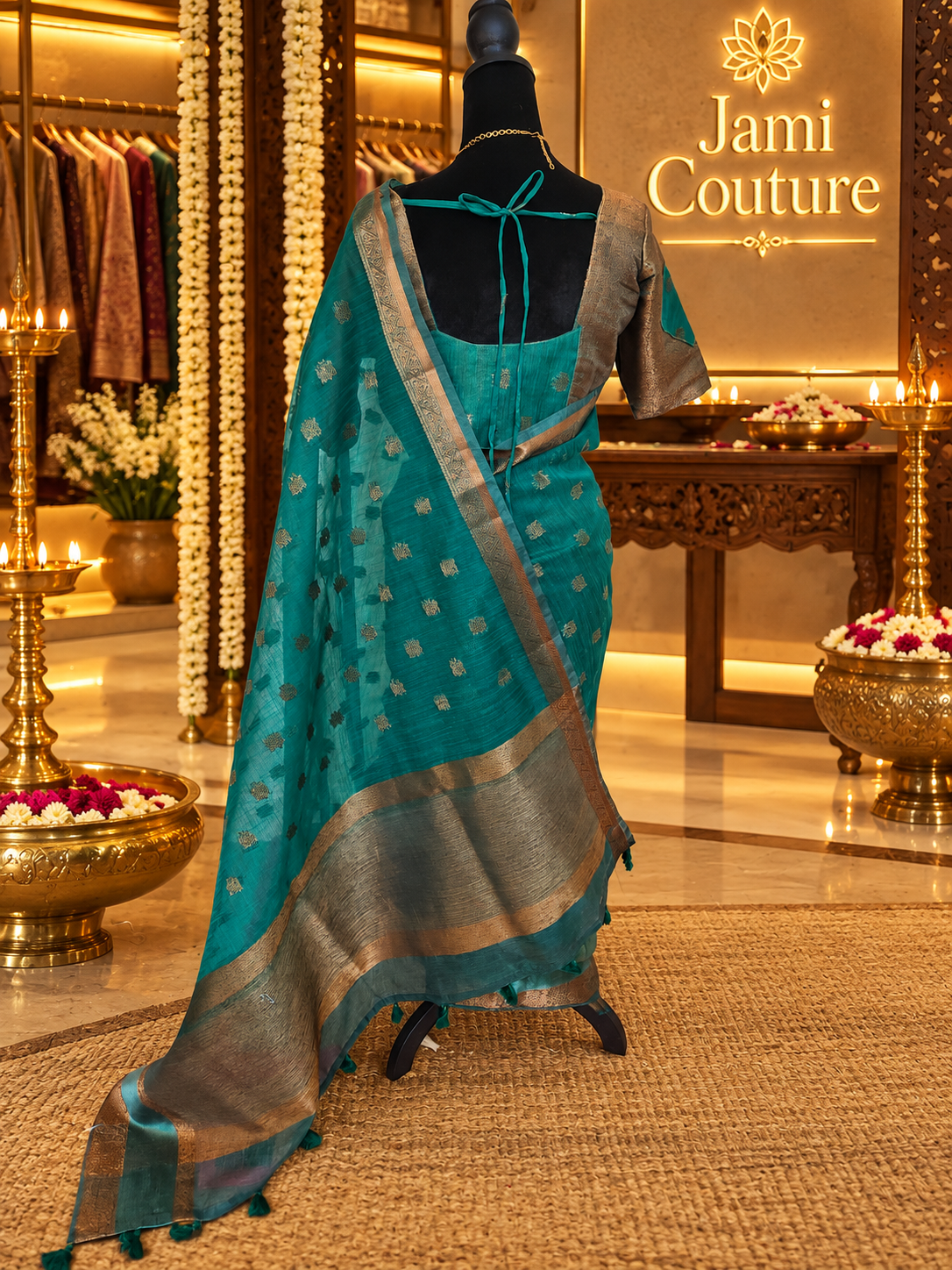 ✨ Premium Jute Banarasi Saree with Gap Border ✨ - Deep Teal/Peacock Green body with subtle antique-gold woven motifs