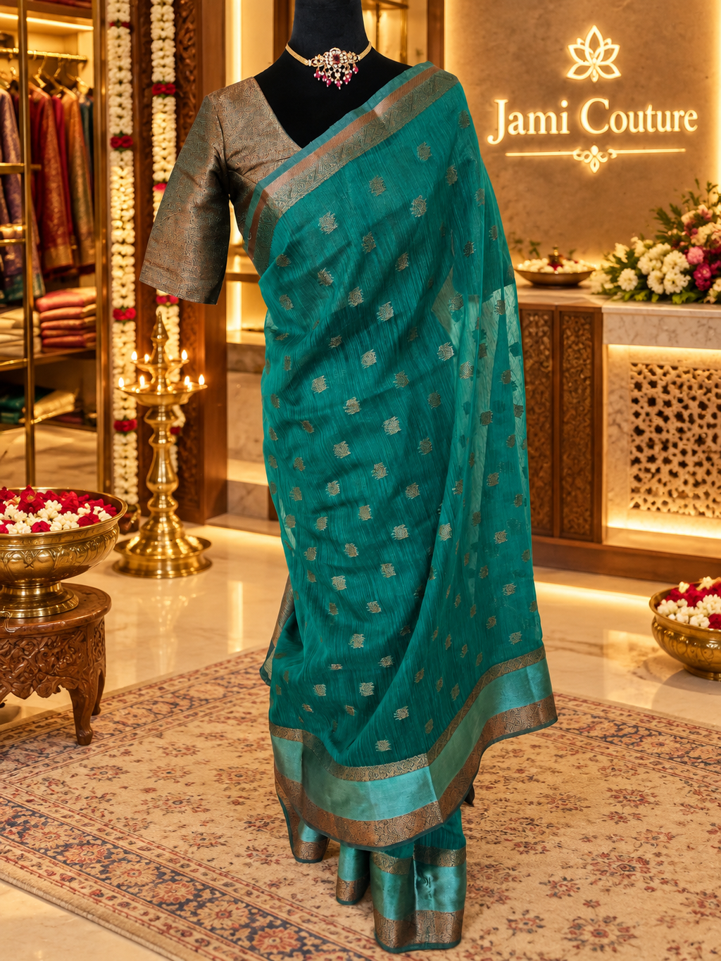 ✨ Premium Jute Banarasi Saree with Gap Border ✨ - Deep Teal/Peacock Green body with subtle antique-gold woven motifs