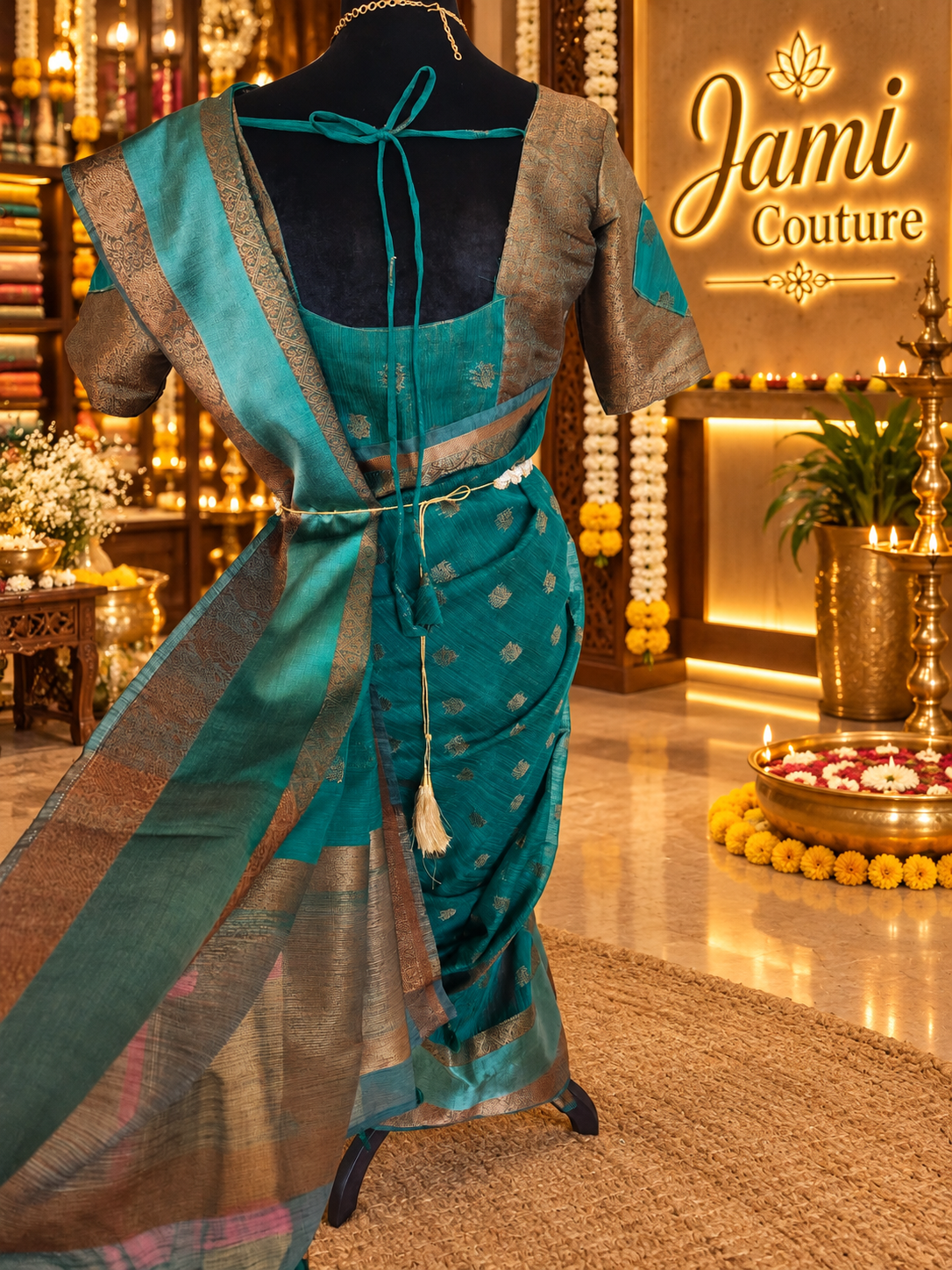 ✨ Premium Jute Banarasi Saree with Gap Border ✨ - Deep Teal/Peacock Green body with subtle antique-gold woven motifs
