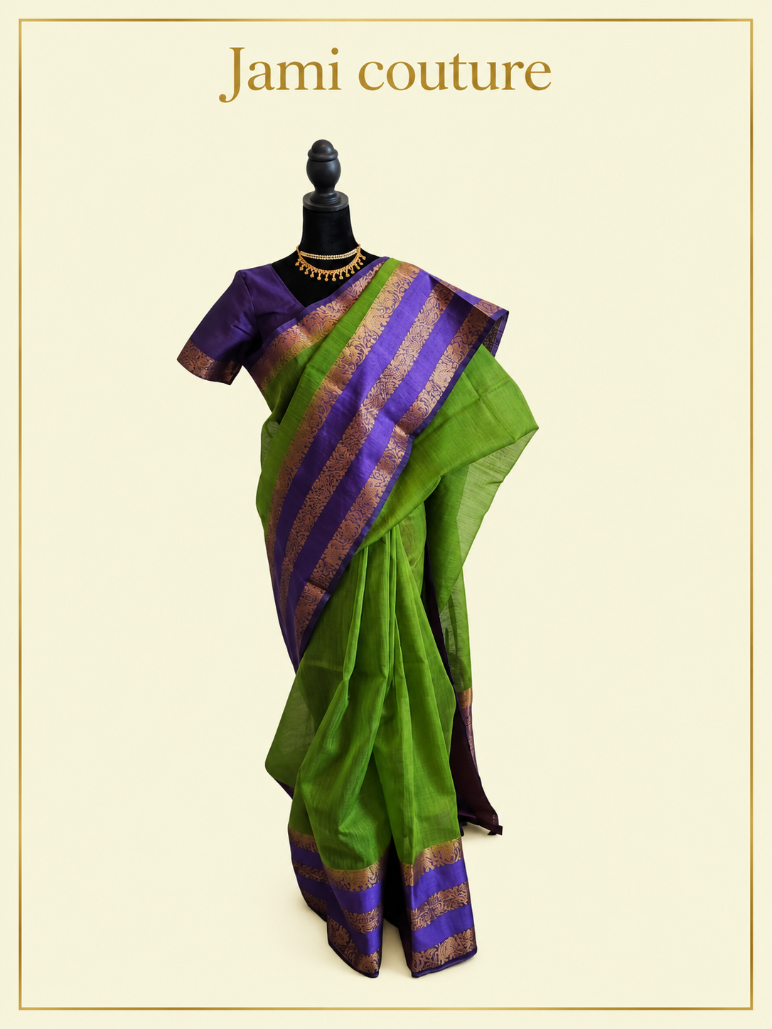 Parrot Green & Royal Blue Jute Silk Saree with Double Gap Border