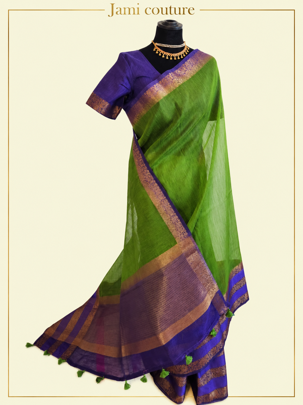 Parrot Green & Royal Blue Jute Silk Saree with Double Gap Border
