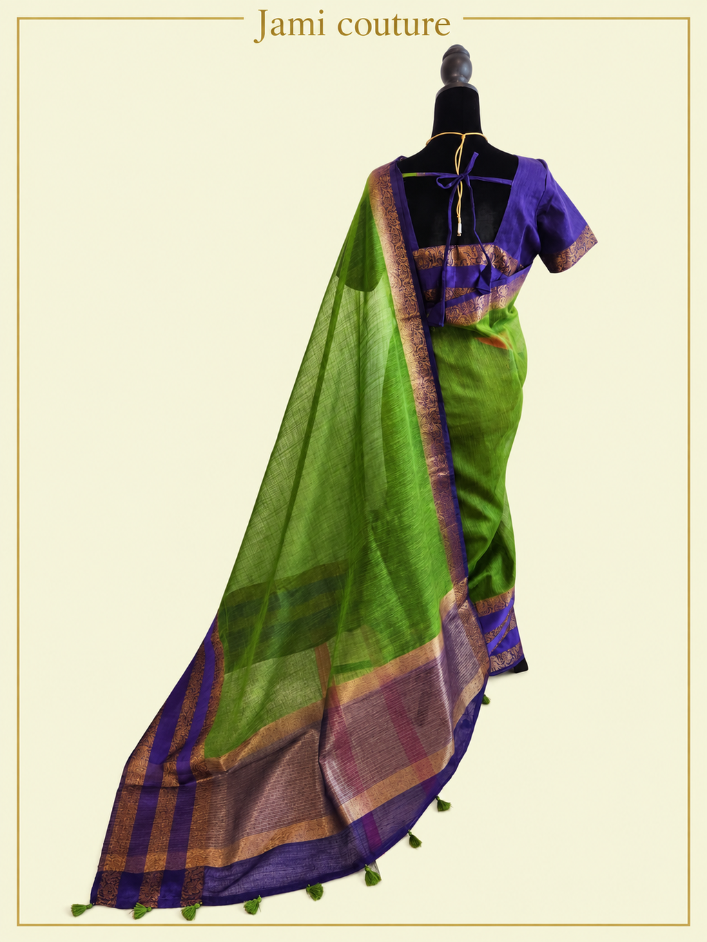 Parrot Green & Royal Blue Jute Silk Saree with Double Gap Border