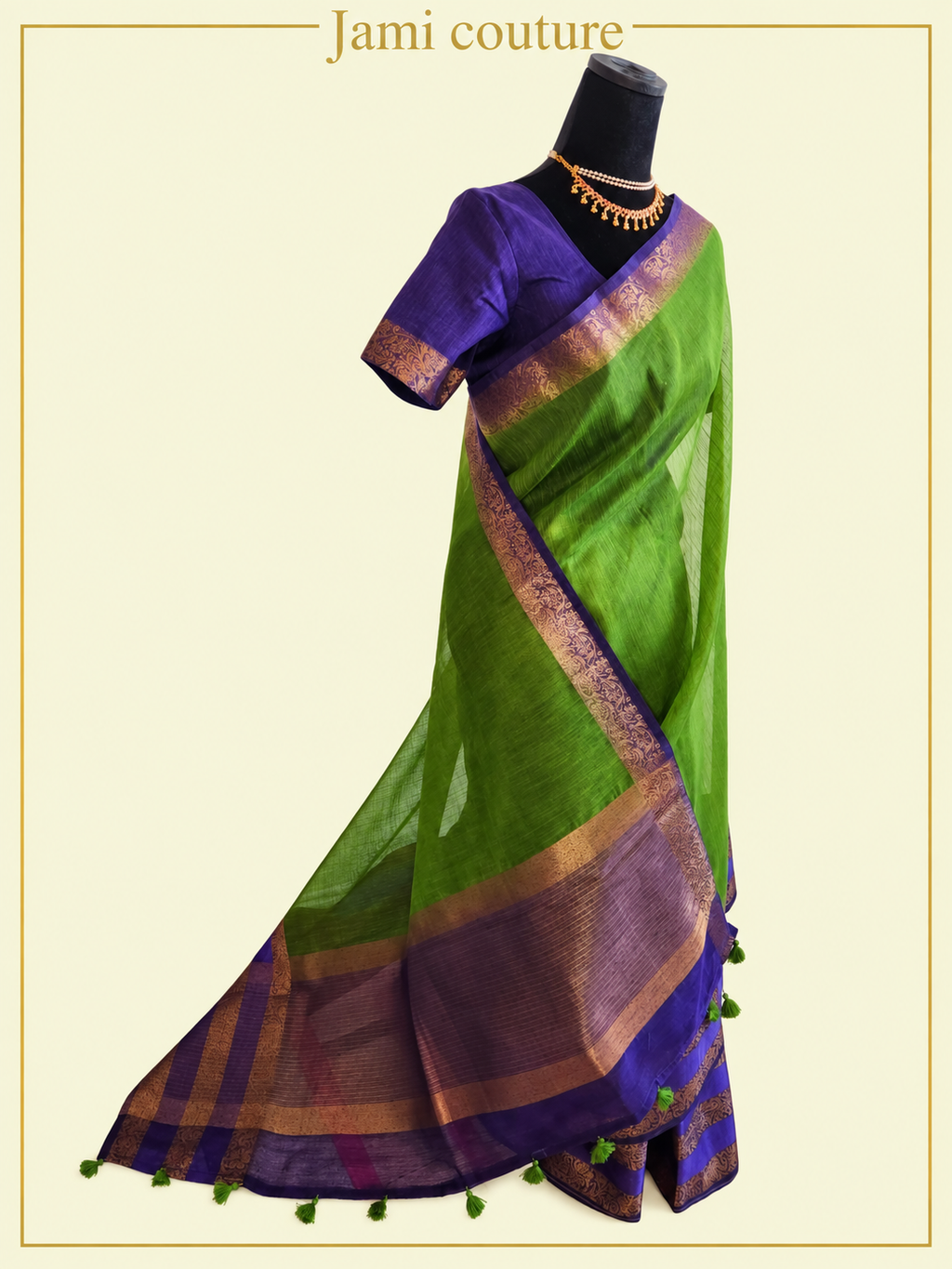 Parrot Green & Royal Blue Jute Silk Saree with Double Gap Border