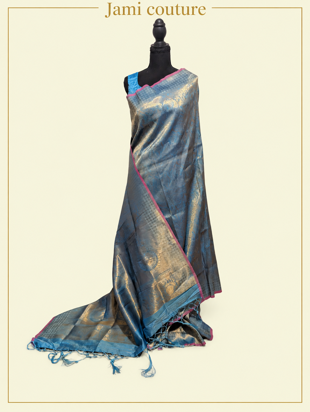 Peacock Blue Handloom Weaving Silk Saree with All-Over Gold Zari Brocade | Matching Stitched Blouse