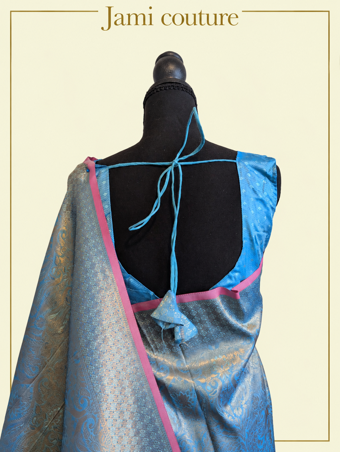 Peacock Blue Handloom Weaving Silk Saree with All-Over Gold Zari Brocade | Matching Stitched Blouse
