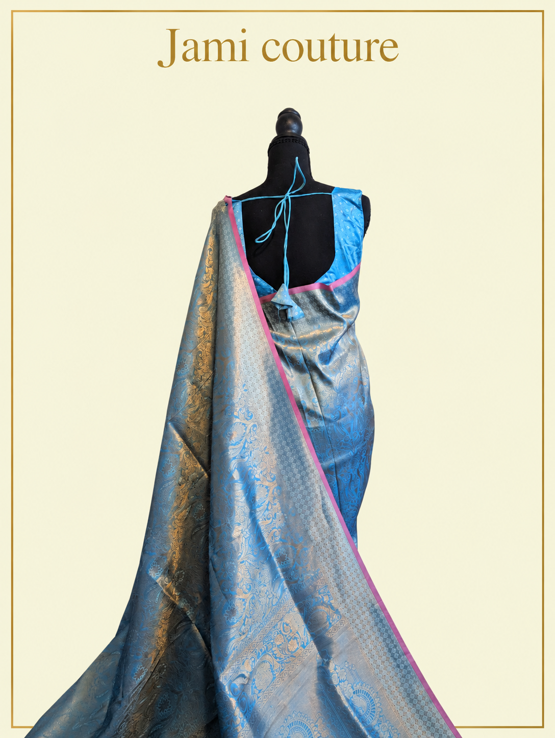 Peacock Blue Handloom Weaving Silk Saree with All-Over Gold Zari Brocade | Matching Stitched Blouse