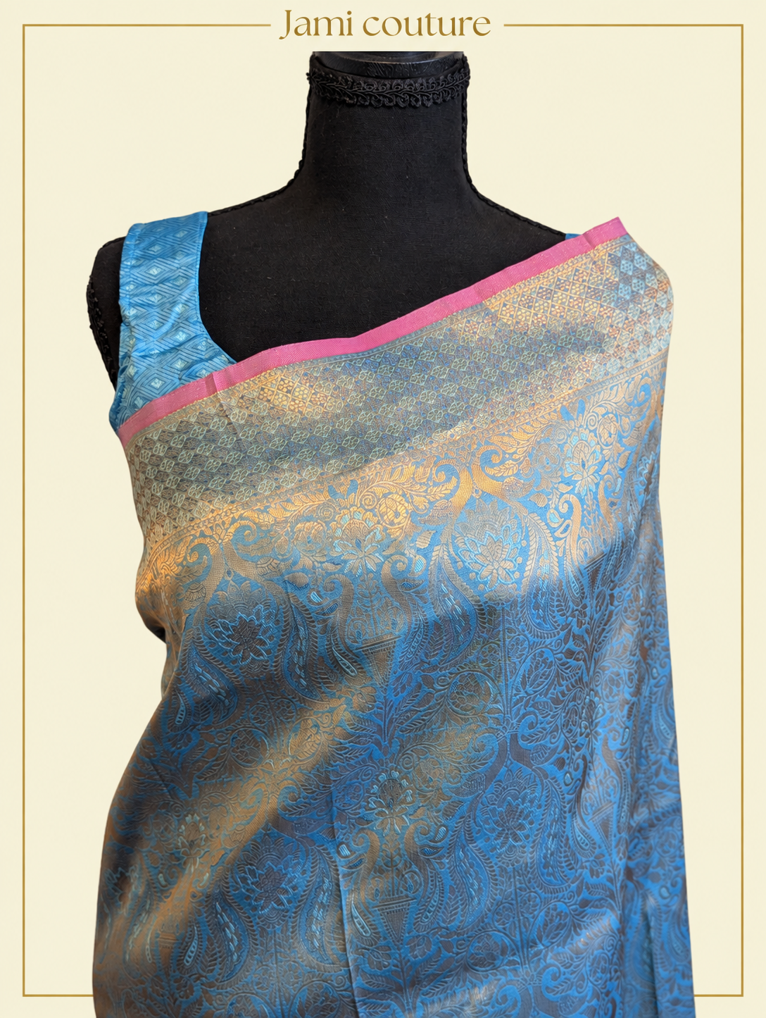 Peacock Blue Handloom Weaving Silk Saree with All-Over Gold Zari Brocade | Matching Stitched Blouse