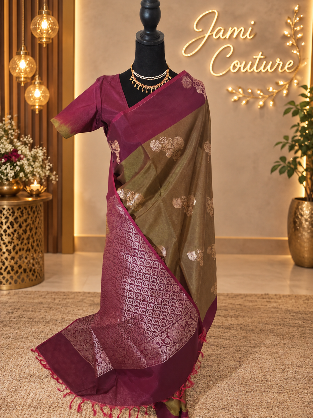 Fresh Leaf Green Kanchi Silk Cotton Saree, Gold Zari Brocade