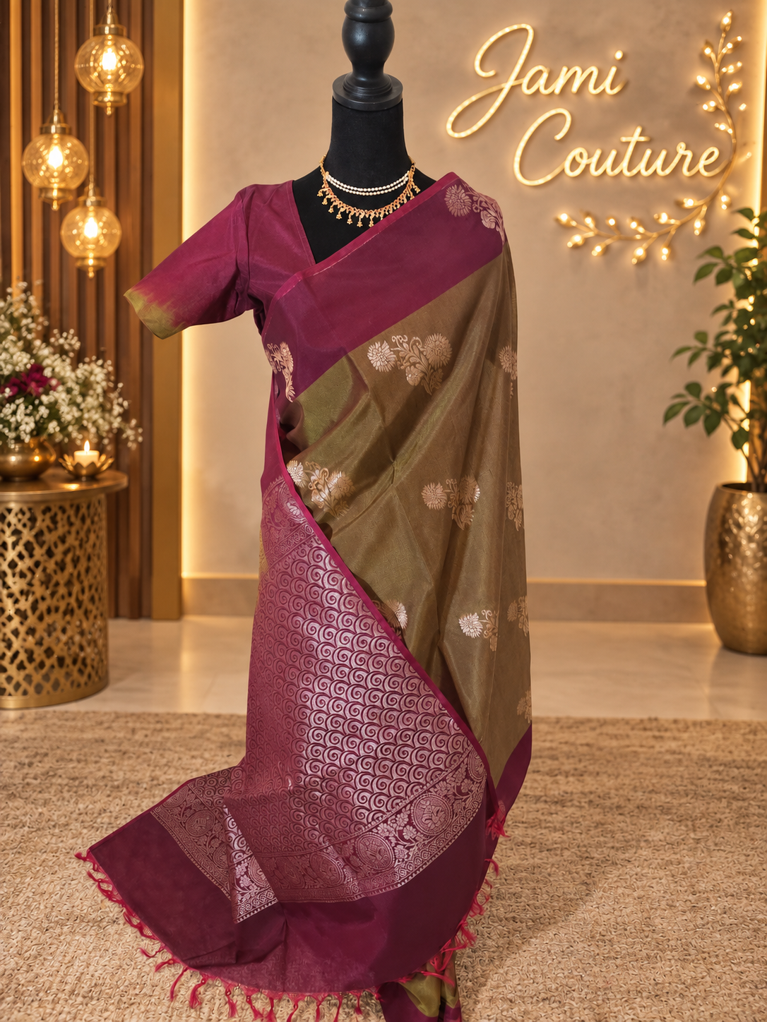 Fresh Leaf Green Kanchi Silk Cotton Saree, Gold Zari Brocade