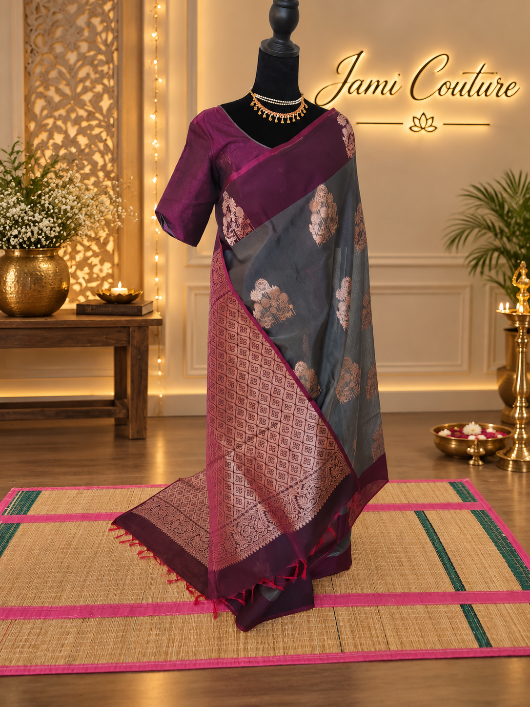 Gray Kanchi Silk Cotton Saree, Gold Zari Brocade