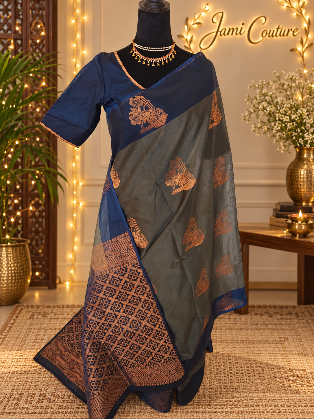 Green Kanchi Silk Cotton Saree, Gold Zari Brocade