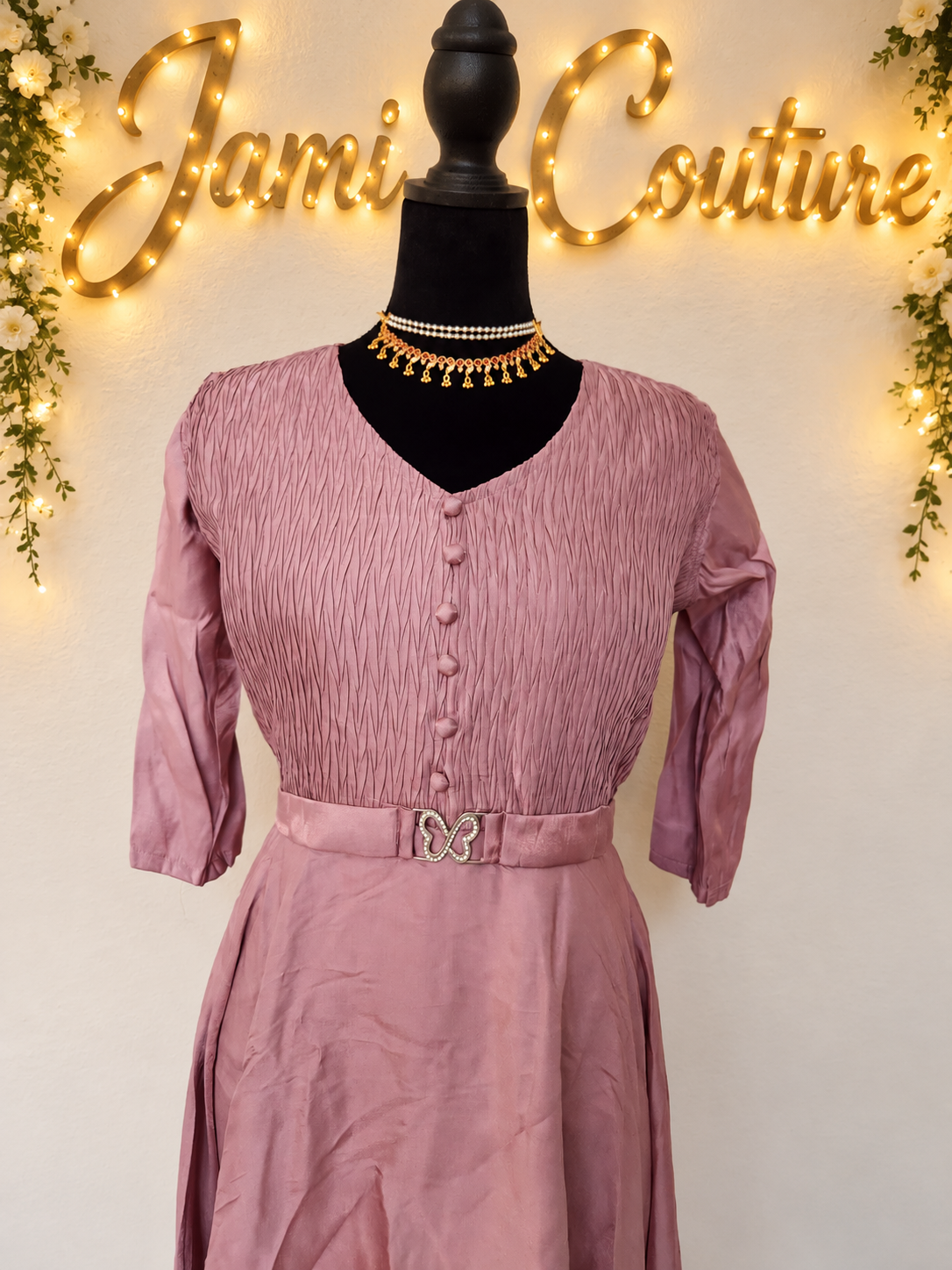 Dusty Mauve Pink Tissue Silk V-Neck Gown with Belt