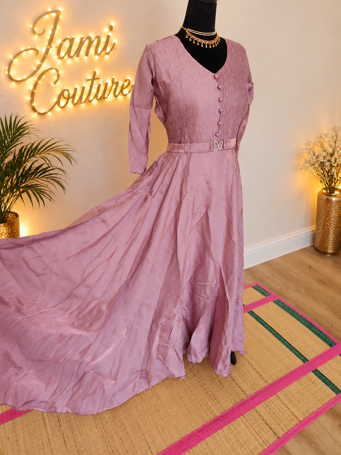 Dusty Mauve Pink Tissue Silk V-Neck Gown with Belt