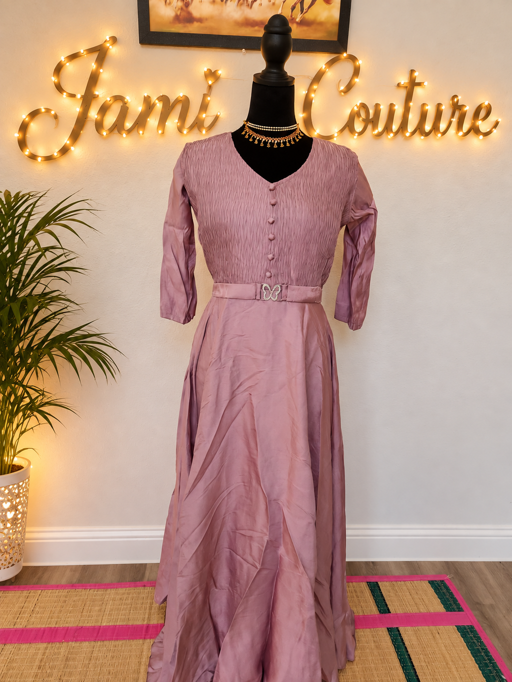 Dusty Mauve Pink Tissue Silk V-Neck Gown with Belt