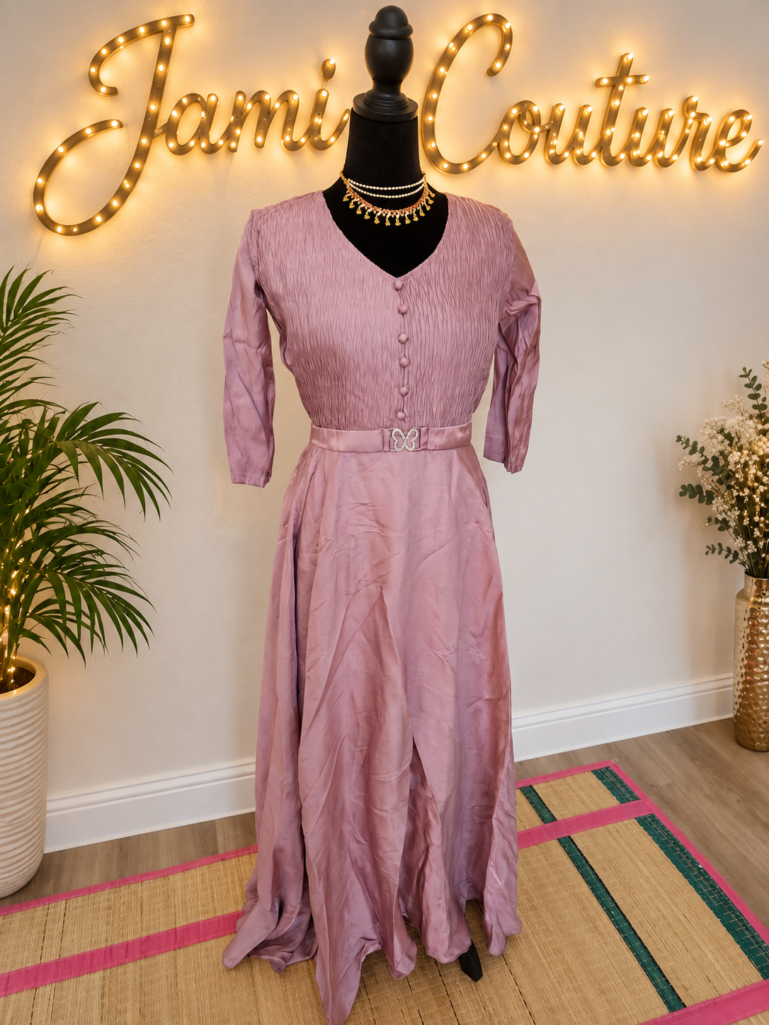 Dusty Mauve Pink Tissue Silk V-Neck Gown with Belt