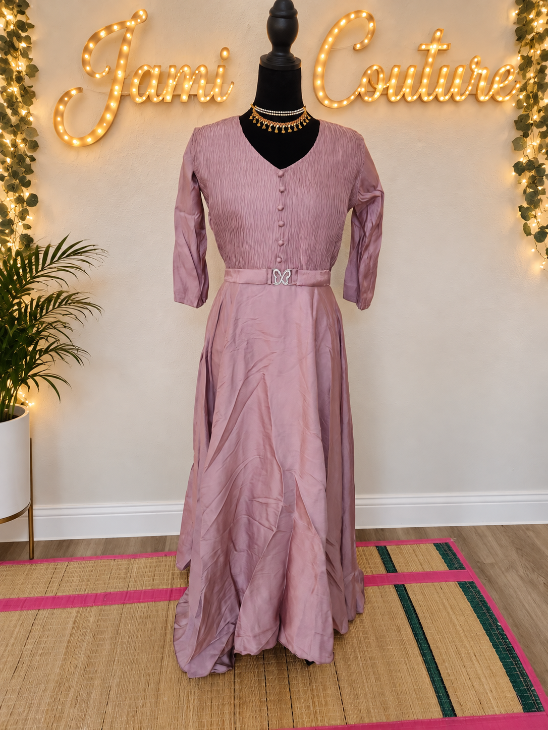 Dusty Mauve Pink Tissue Silk V-Neck Gown with Belt