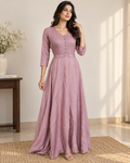 Dusty Mauve Pink Tissue Silk V-Neck Gown with Belt