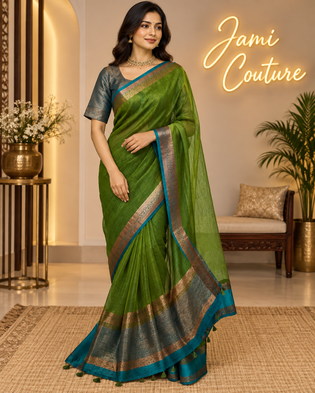 Green Handloom Jute Saree Set with Peacock Blue Border