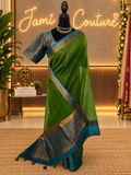Green Handloom Jute Saree Set with Peacock Blue Border